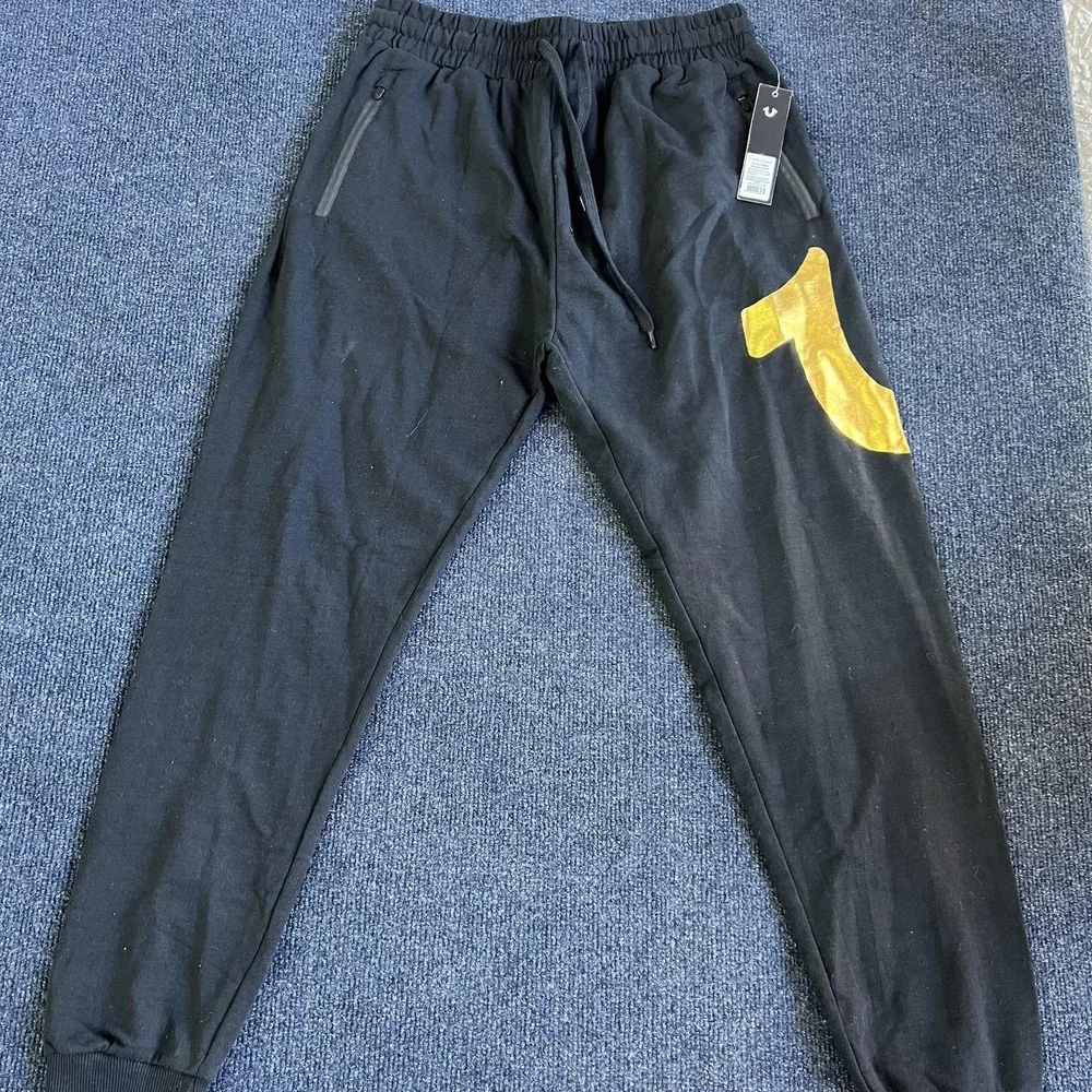 True Religion‎ Pants Mens Small Black Joggers Loungewear Gold Logo Sweatpants
